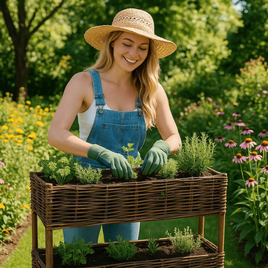Jardinière haute en bois de noisetier tressé